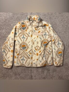 Cozy Ivory Aztec Fleece Jacket with Mustard & Slate Accents